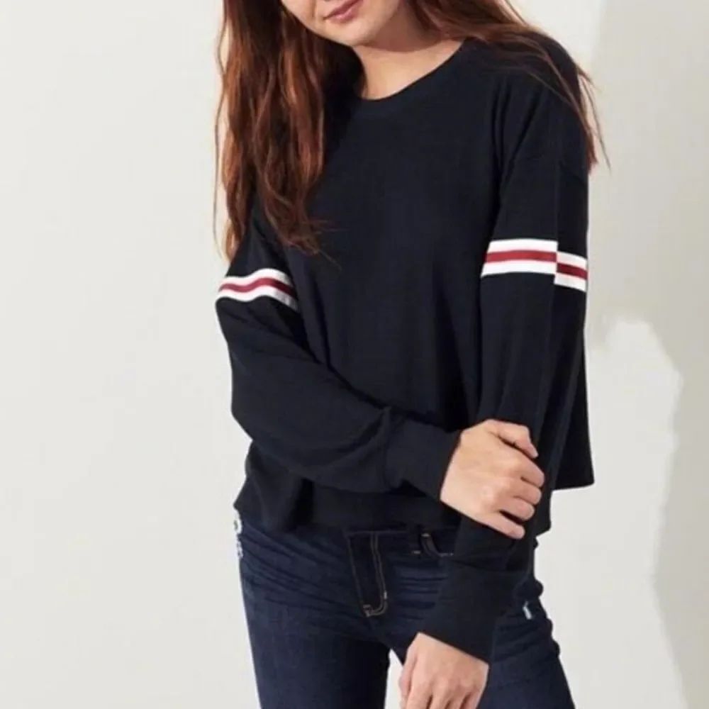 Hollister Navy Waffle-knit Long Sleeve Boyfriend Crop Crew with Varsity Stripes